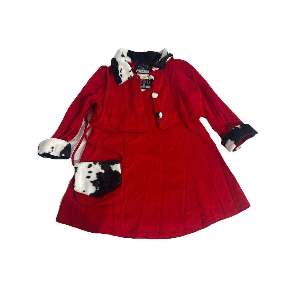 Vtg Girls Red Sleeveless Dress Black White Cow Print Accents Purse Bolero Jacket